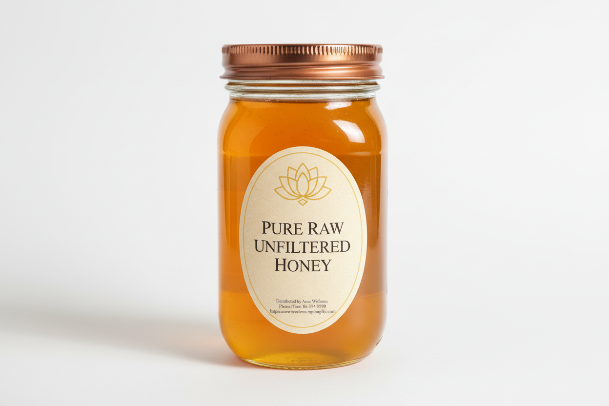 A high-resolution product mockup of the Aura Wellness honey. 1lb glass mason jar with lid and a vertical oval label that says 'PURE RAW UNFILTERED  HONEY' All labels have a vintage cream parchment background, the Aura Wellness lotus logo at the top, and elegant traditional serif font." Add Distributed by Aura Wellness. Phone/Text: 856 534 9289 https://aura-wellness.myshopify.com
