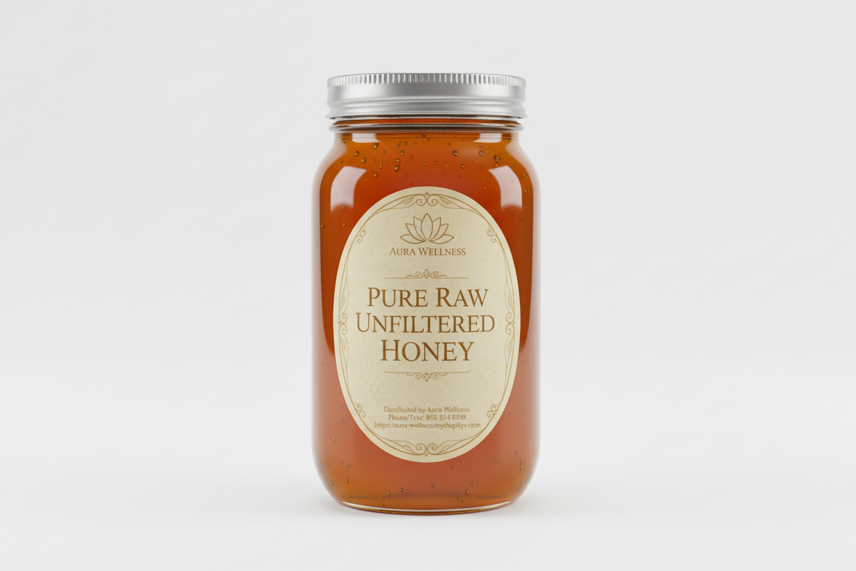 A high-resolution product mockup of the Aura Wellness honey. 2lb glass mason jar with lid and a vertical oval label that says 'PURE RAW UNFILTERED  HONEY' All labels have a vintage cream parchment background, the Aura Wellness lotus logo at the top, and elegant traditional serif font." Add Distributed by Aura Wellness. Phone/Text: 856 534 9289 https://aura-wellness.myshopify.com
