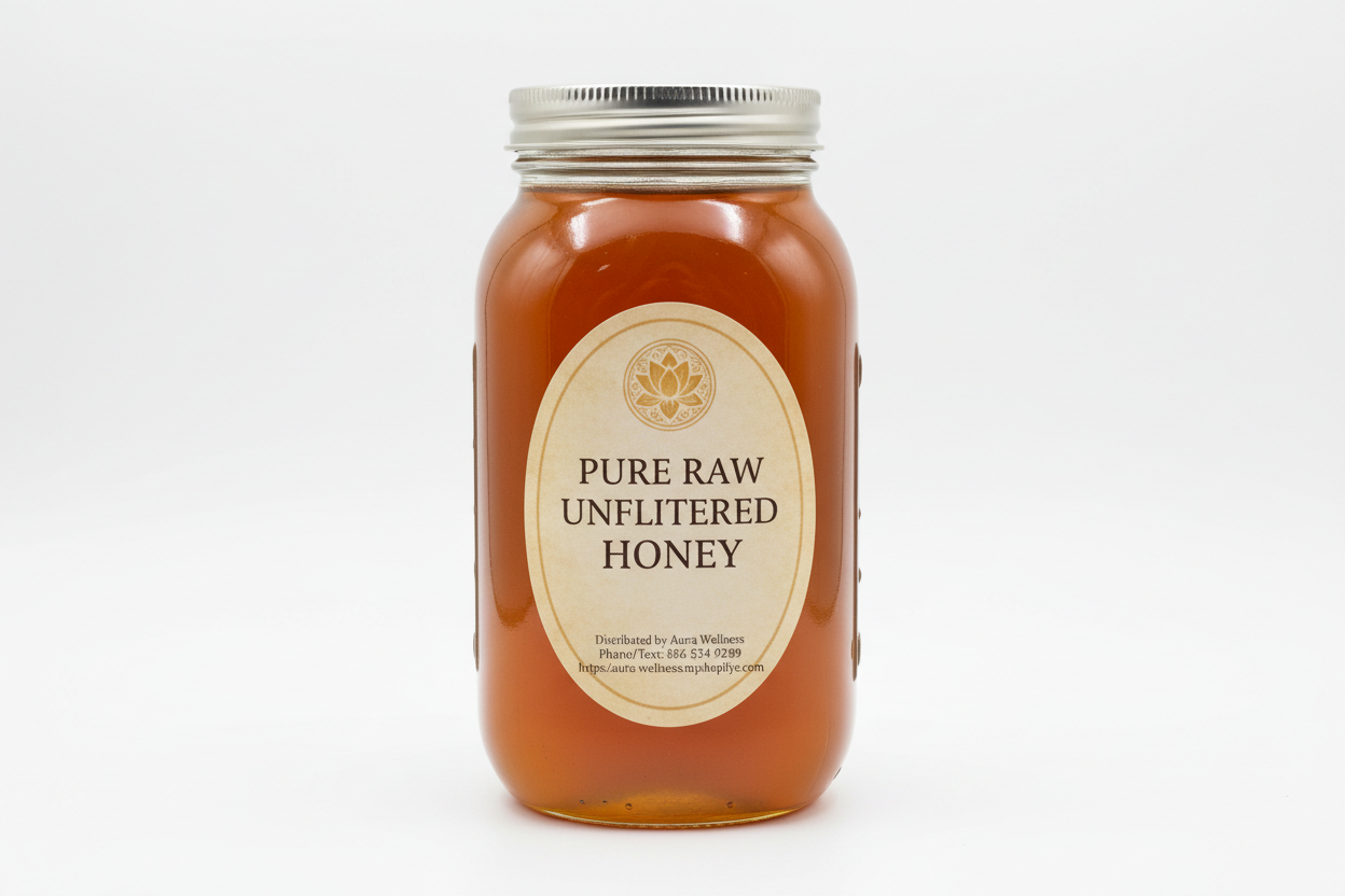 A high-resolution product mockup of the Aura Wellness honey. 5lb glass mason jar with lid and a vertical oval label that says 'PURE RAW UNFILTERED  HONEY' All labels have a vintage cream parchment background, the Aura Wellness lotus logo at the top, and elegant traditional serif font." Add Distributed by Aura Wellness. Phone/Text: 856 534 9289 https://aura-wellness.myshopify.com
